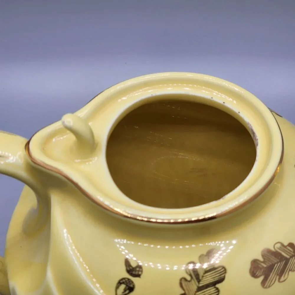 Vtg HALL Teapot Yellow 6 Cup 0799 Made in USA Art Deco Gold Trim Autumn Leaves